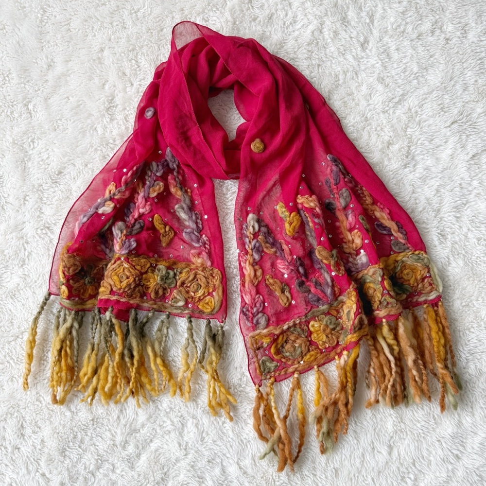 VTG Holt Renfrew Woman Red 100% Silk Sheer Floral Embroidery Scarf Luxury Folk